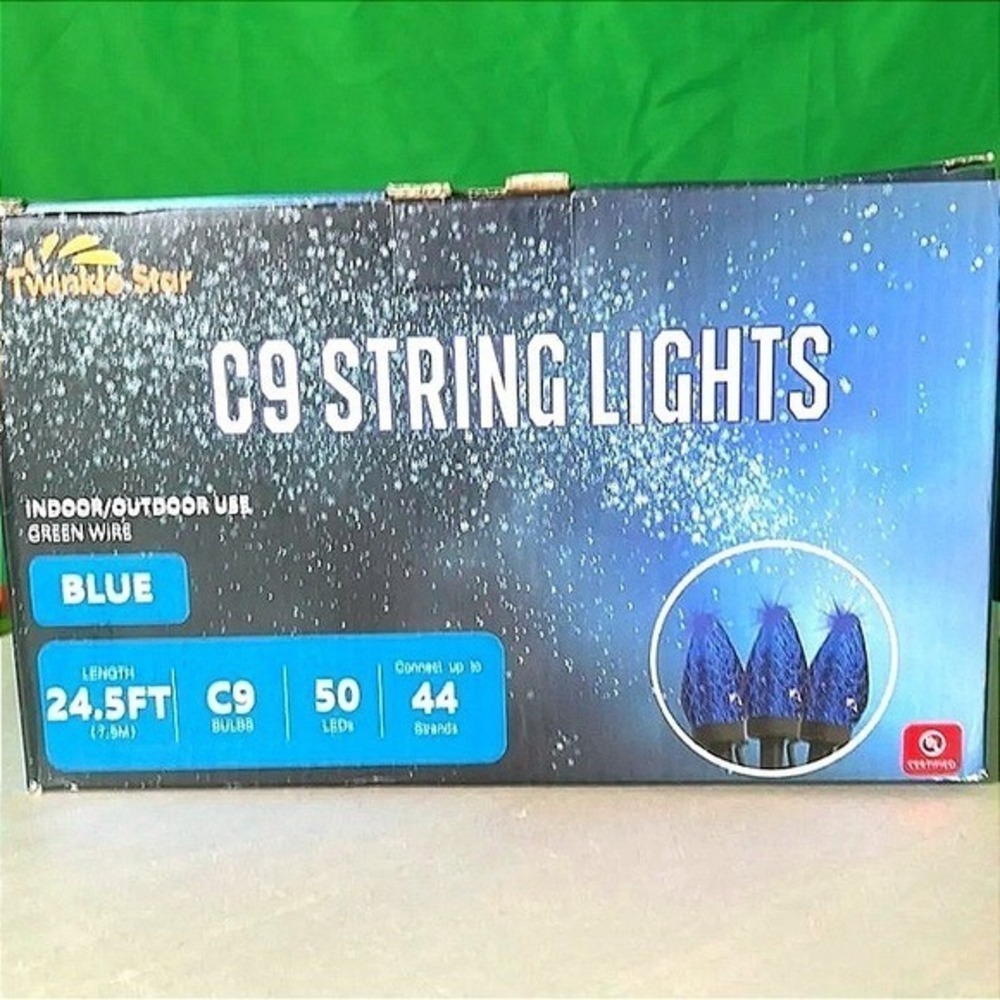 C9 Blue LED Christmas String Lights 25 Ft Indoor Outdoor 50 Bulbs